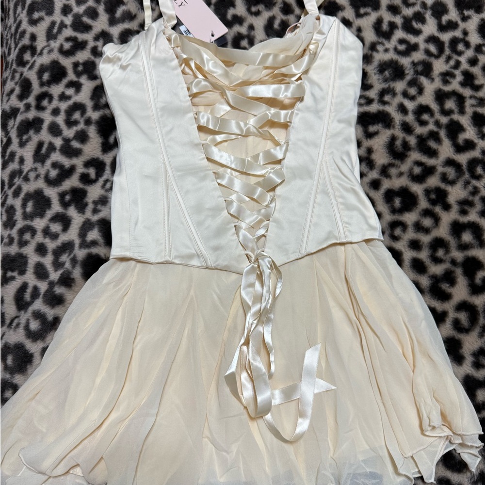 Ivory Satin Lace-Up Chiffon Skater Dress